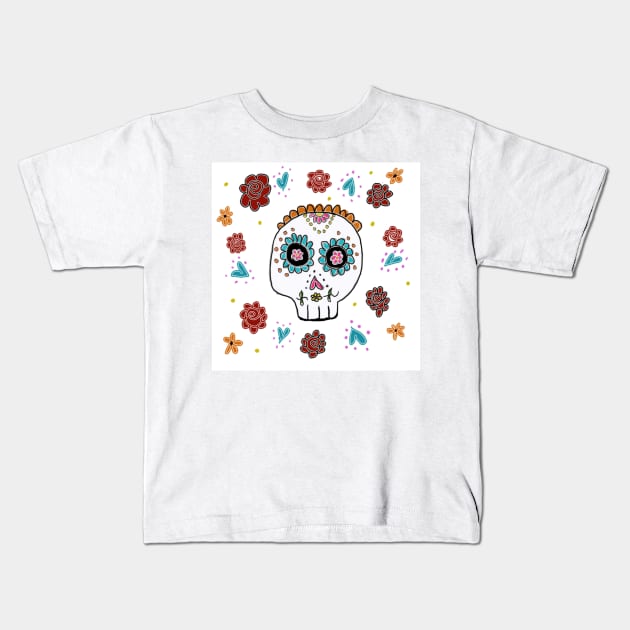 Sugar Skull and Roses white background Kids T-Shirt by LisaCasineau